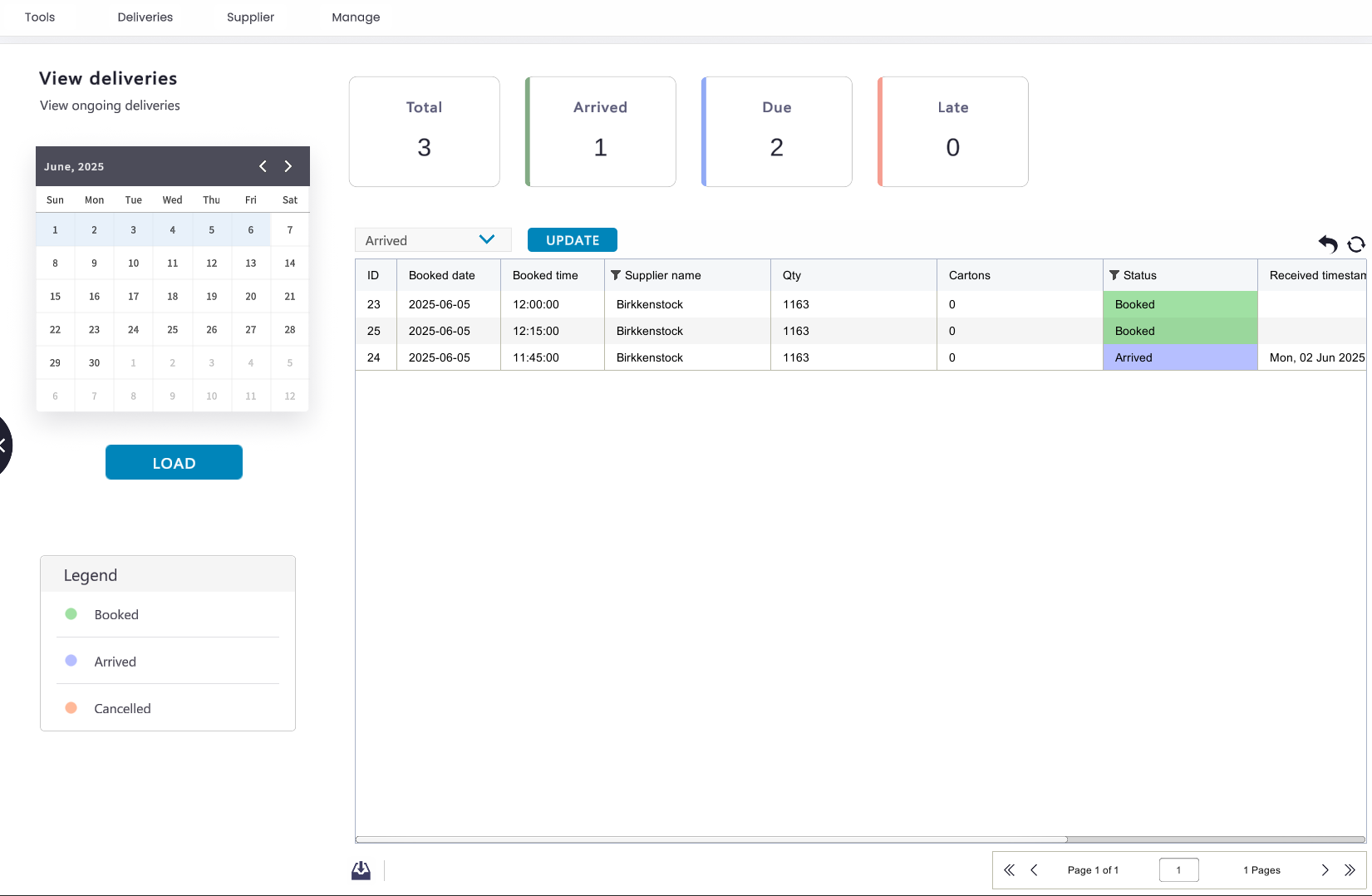 Supplier portal showing self-service booking interface and yard management